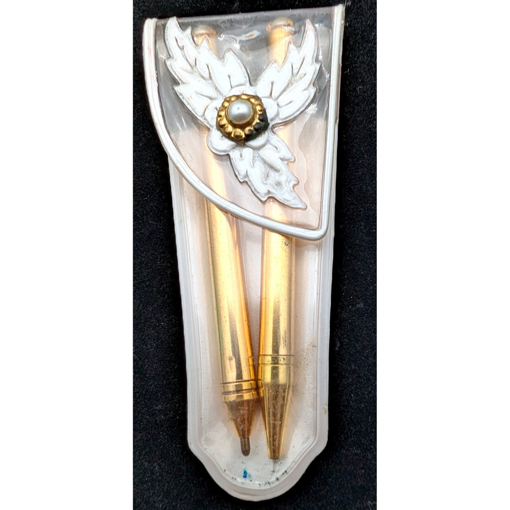 Vintage Gold Tone Pen and Mechanical Pencil Set White Leaf Pearl Pocket Case